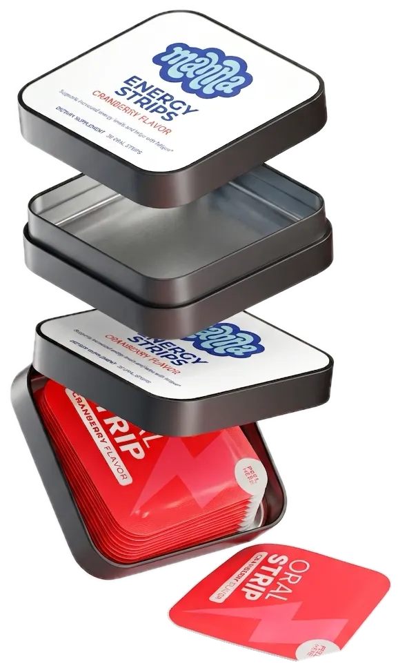 Exploded view of a manna tin: lid, metal tin, sachets inside and one loose strip sachet